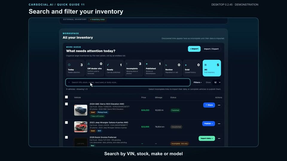 Search and filter the CarSocial 0.2.45 inventory
